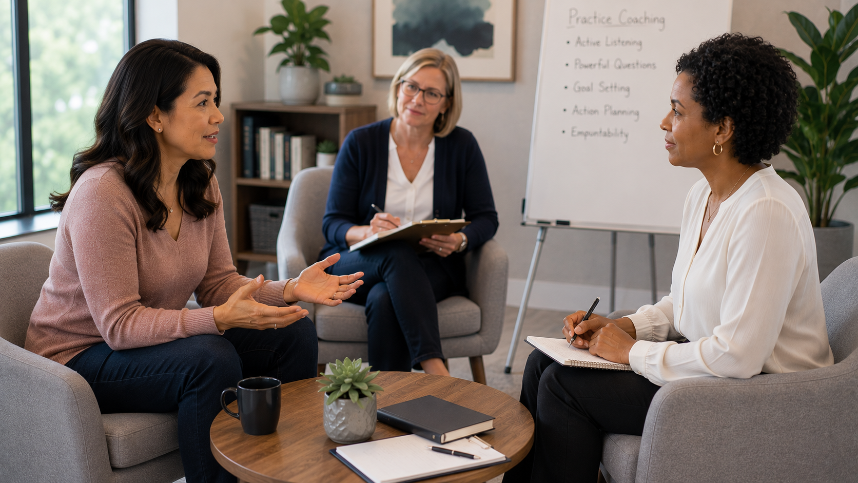 diverse group of people standing and talking together in a business environment