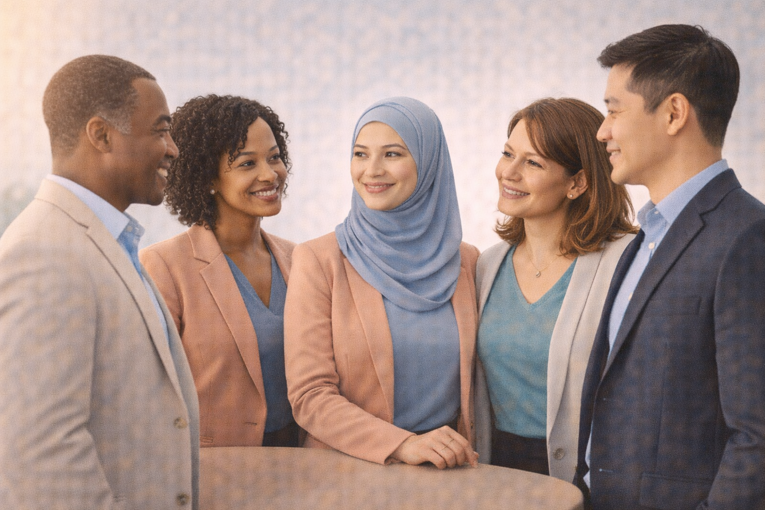 diverse group of people standing and talking together in a business environment