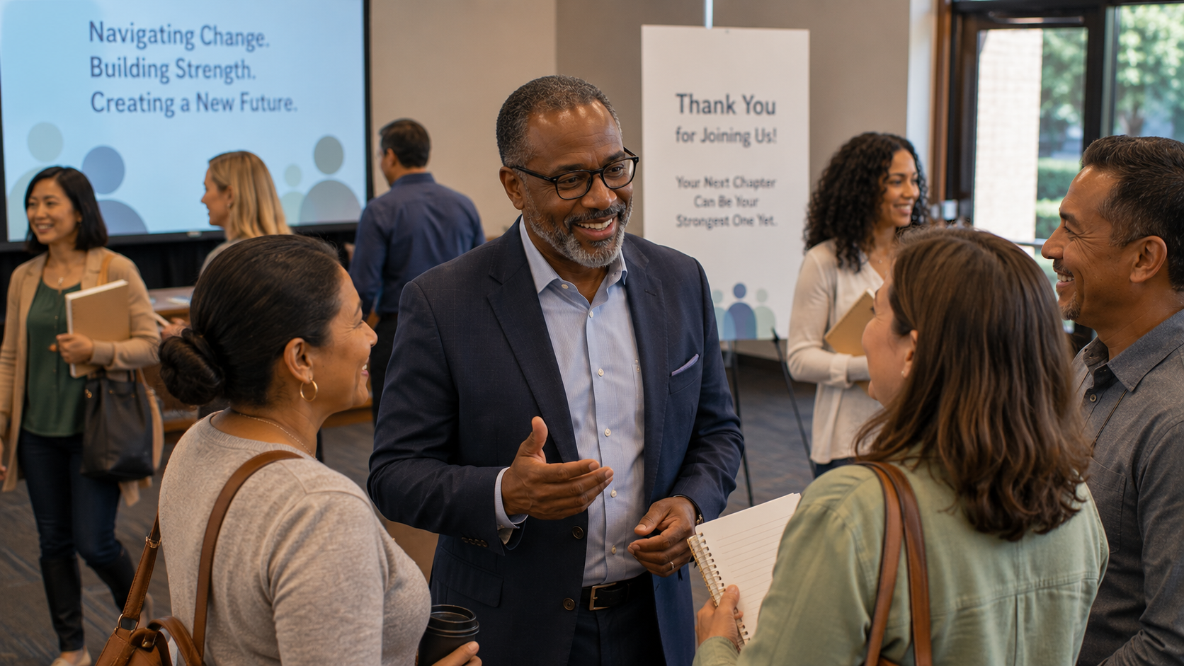 diverse group of people standing and talking together in a business environment