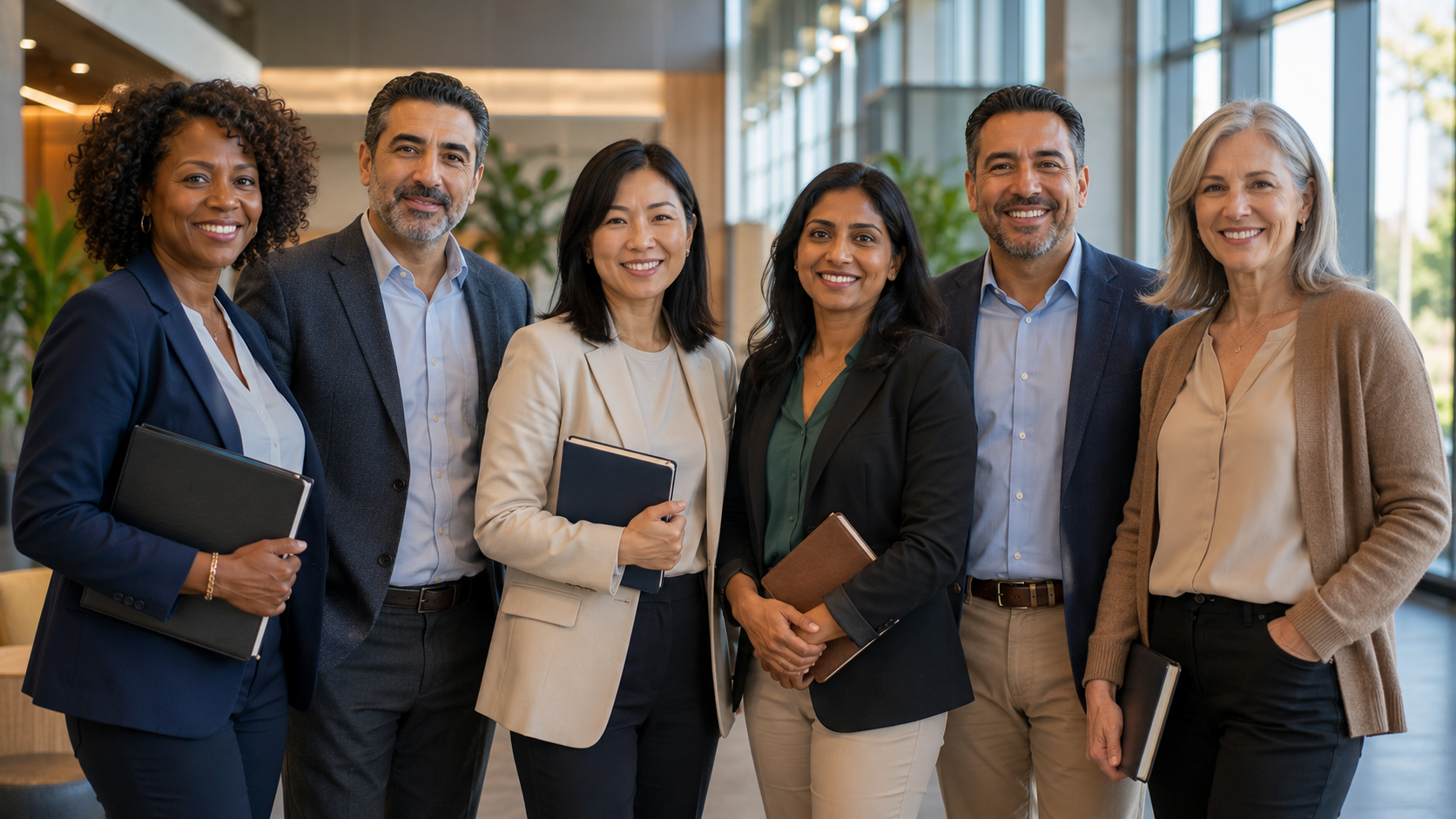 diverse group of people standing and talking together in a business environment