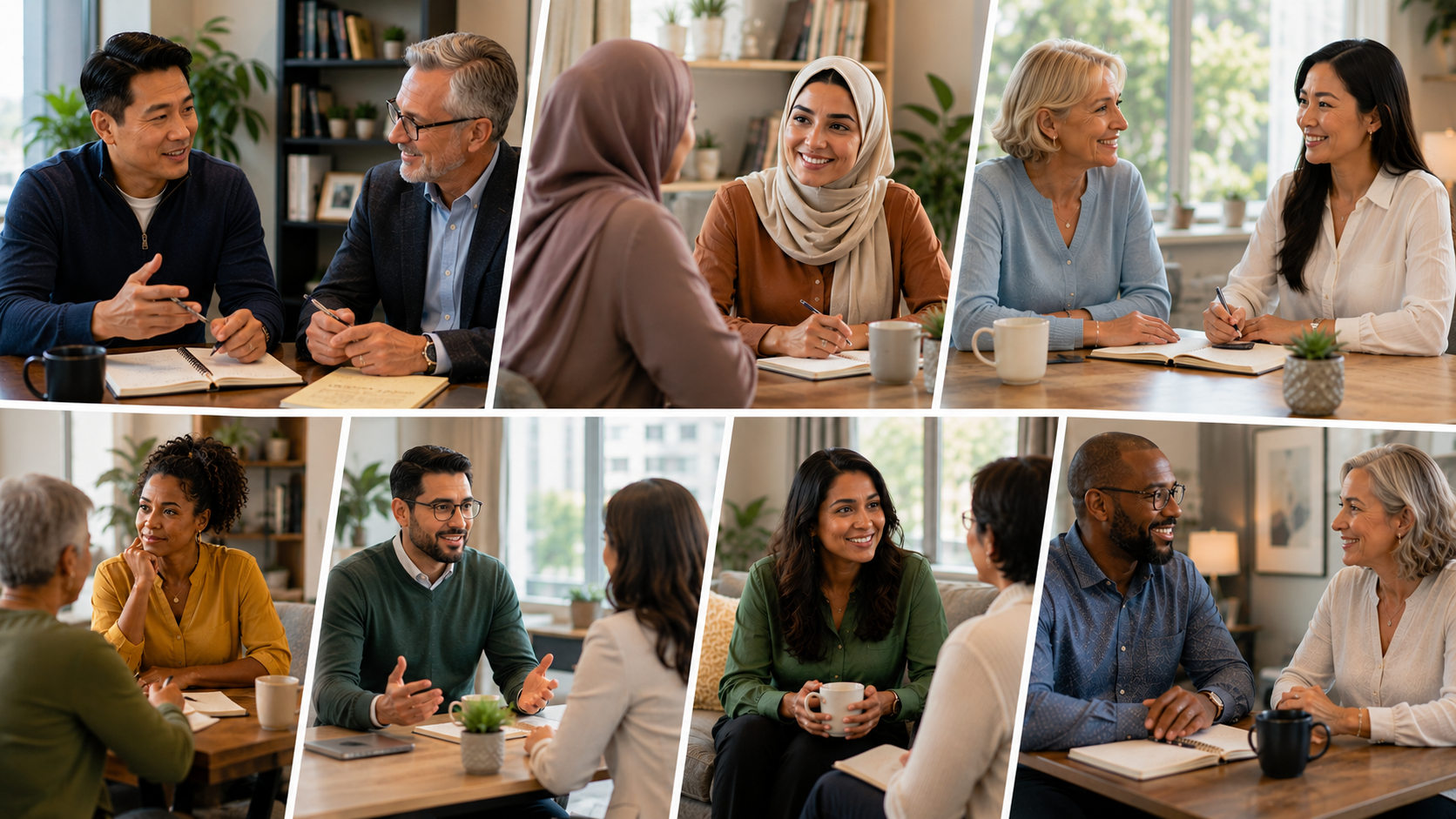 diverse group of people standing and talking together in a business environment