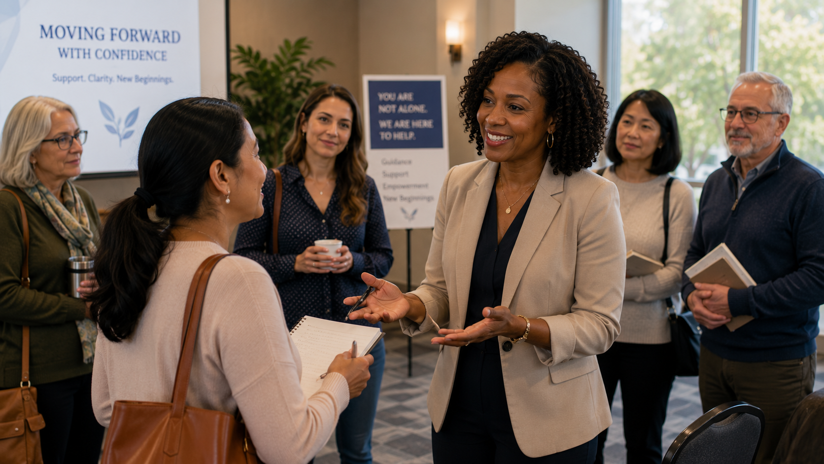 diverse group of people standing and talking together in a business environment