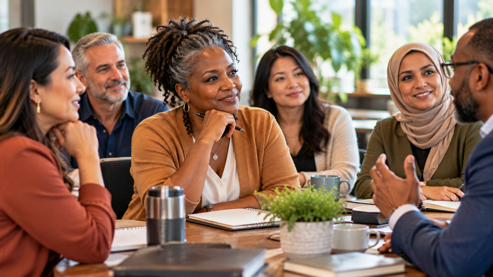 diverse group of people standing and talking together in a business environment