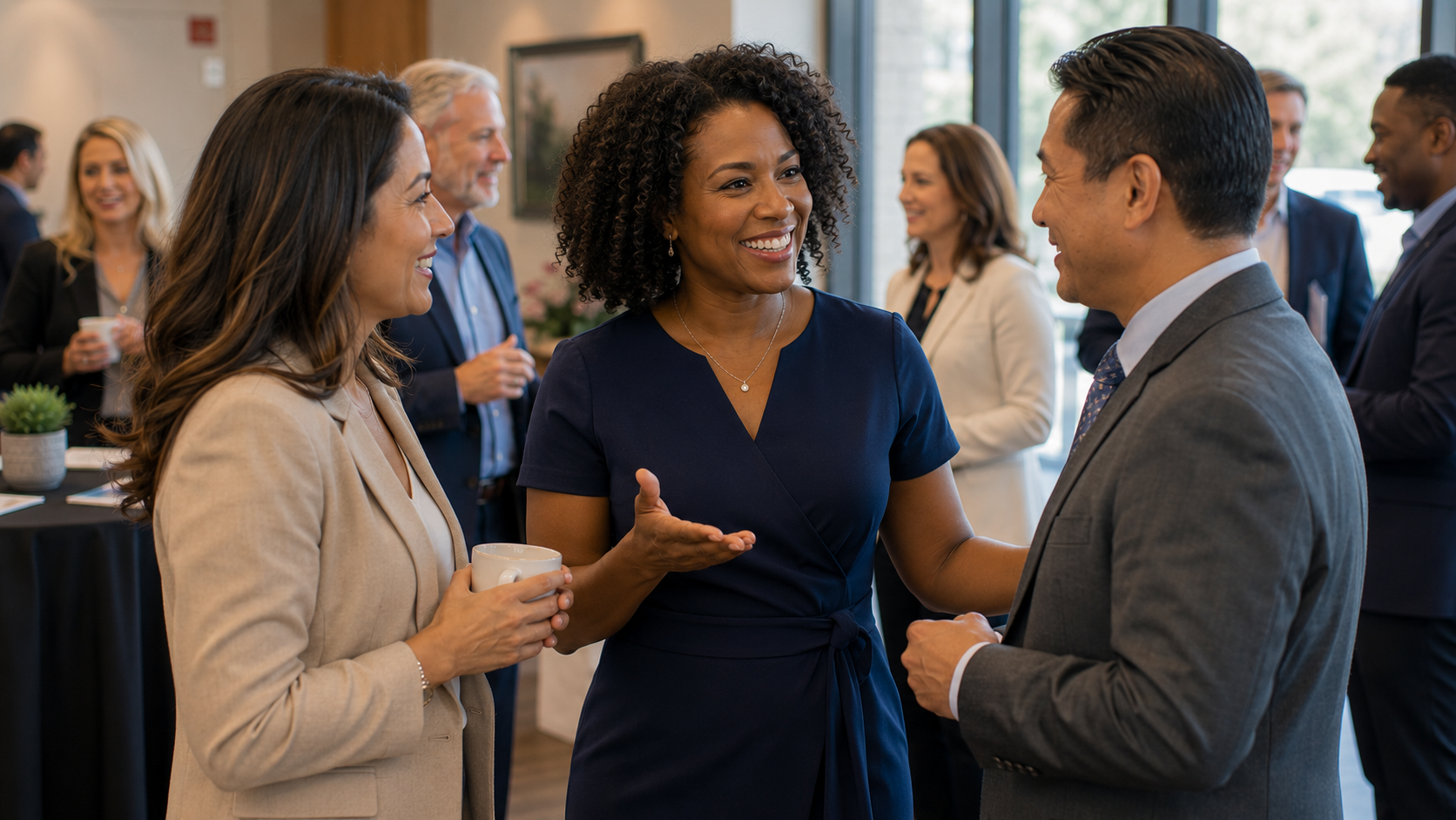 diverse group of people standing and talking together in a business environment