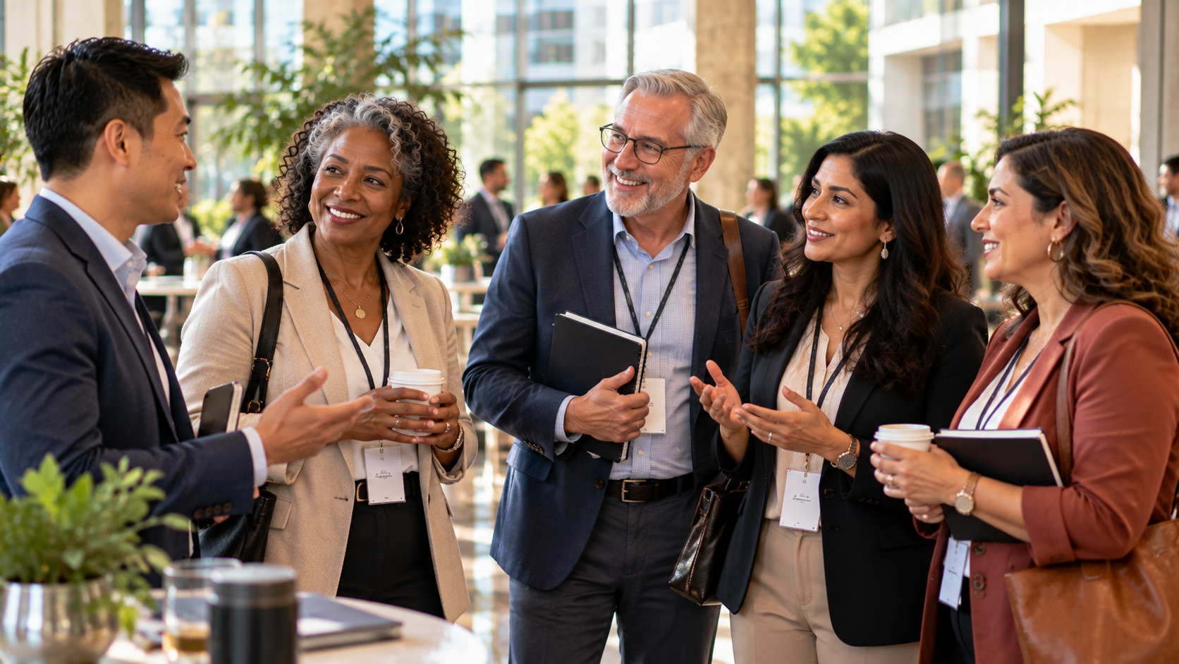 diverse group of people standing and talking together in a business environment