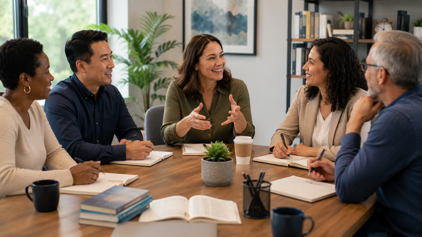 diverse group of people standing and talking together in a business environment