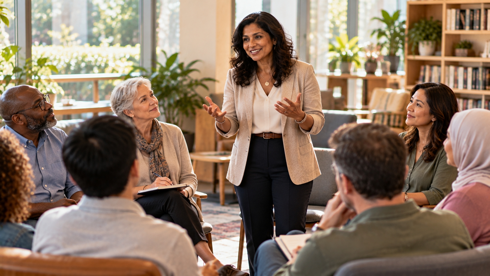 diverse group of people standing and talking together in a business environment