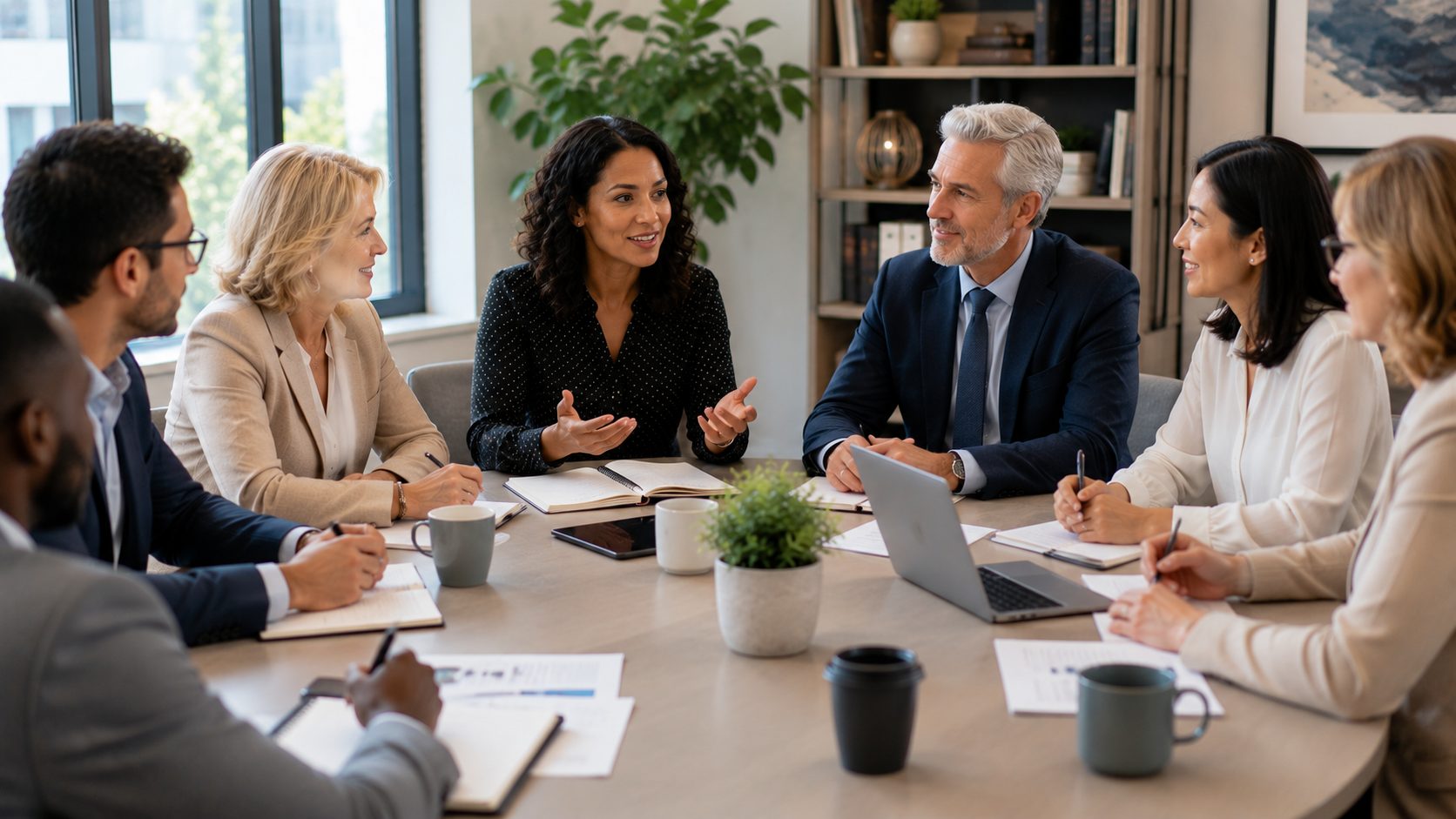 diverse group of people standing and talking together in a business environment