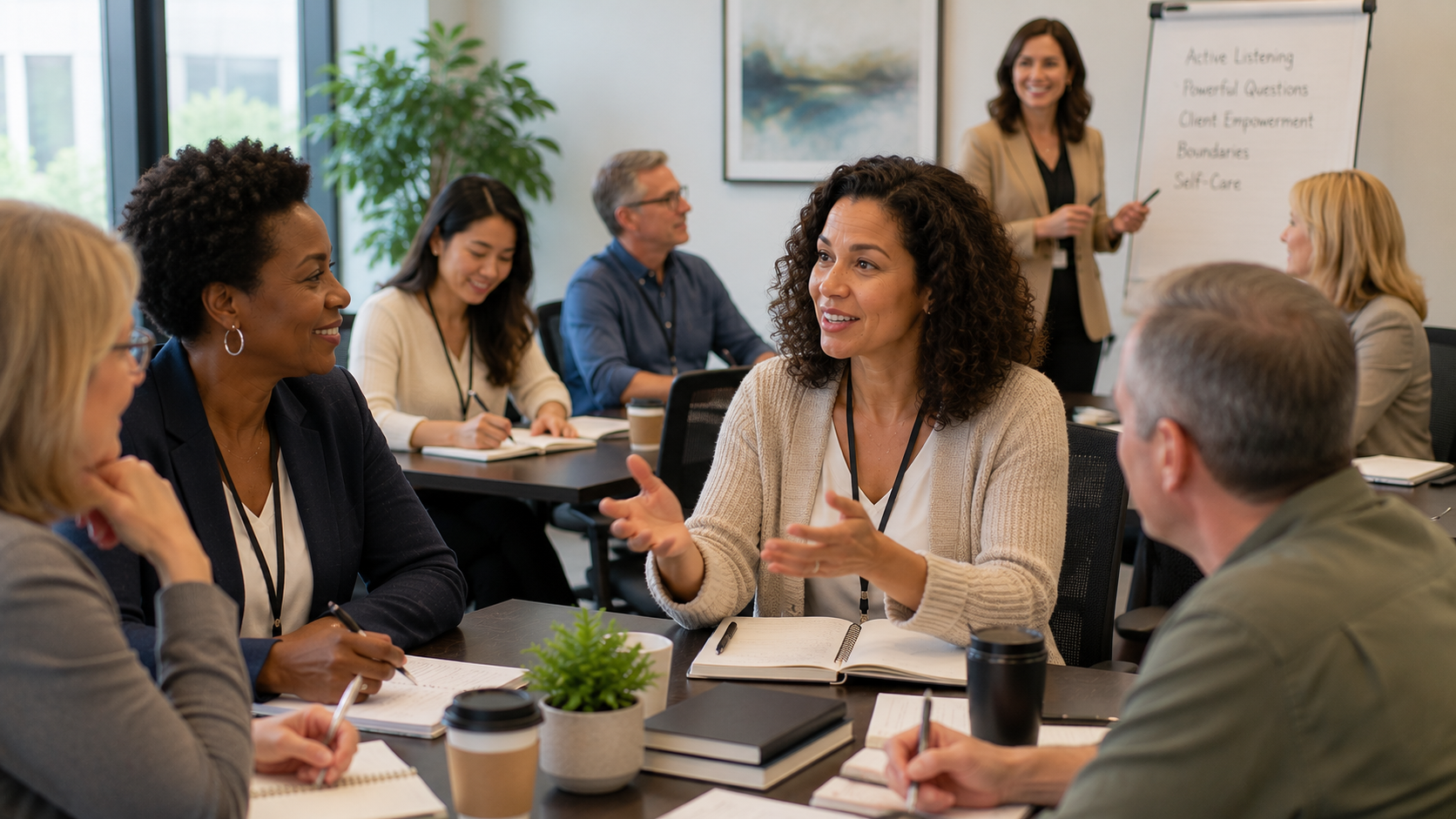 diverse group of people standing and talking together in a business environment