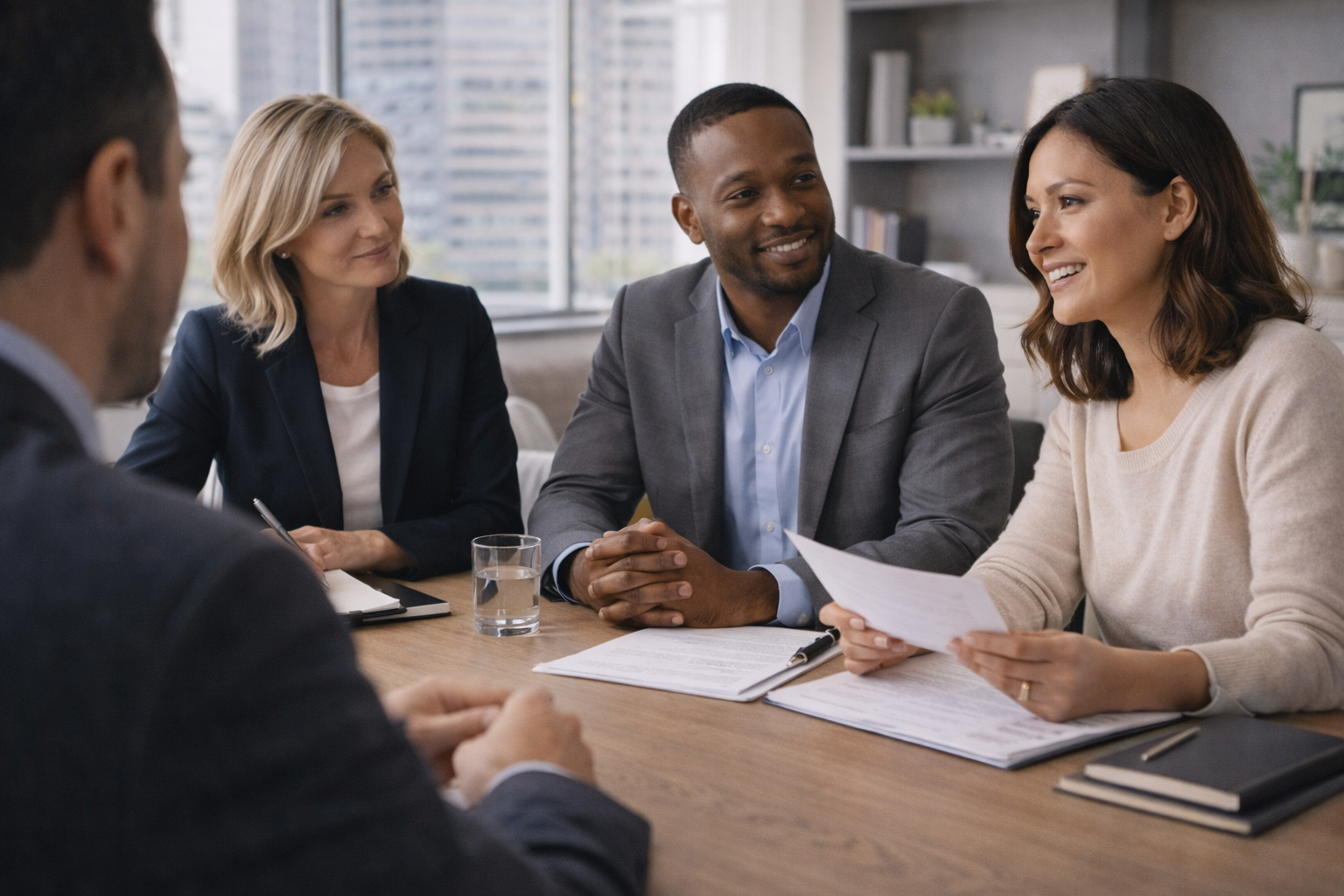 diverse group of people standing and talking together in a business environment